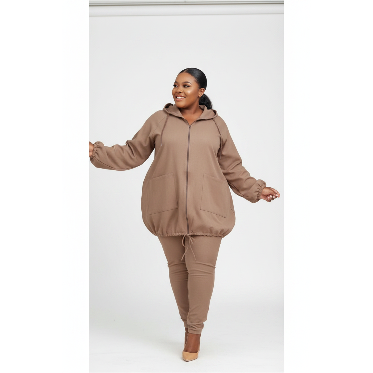 Hooded Plus Size Zipper 2 Piece Set