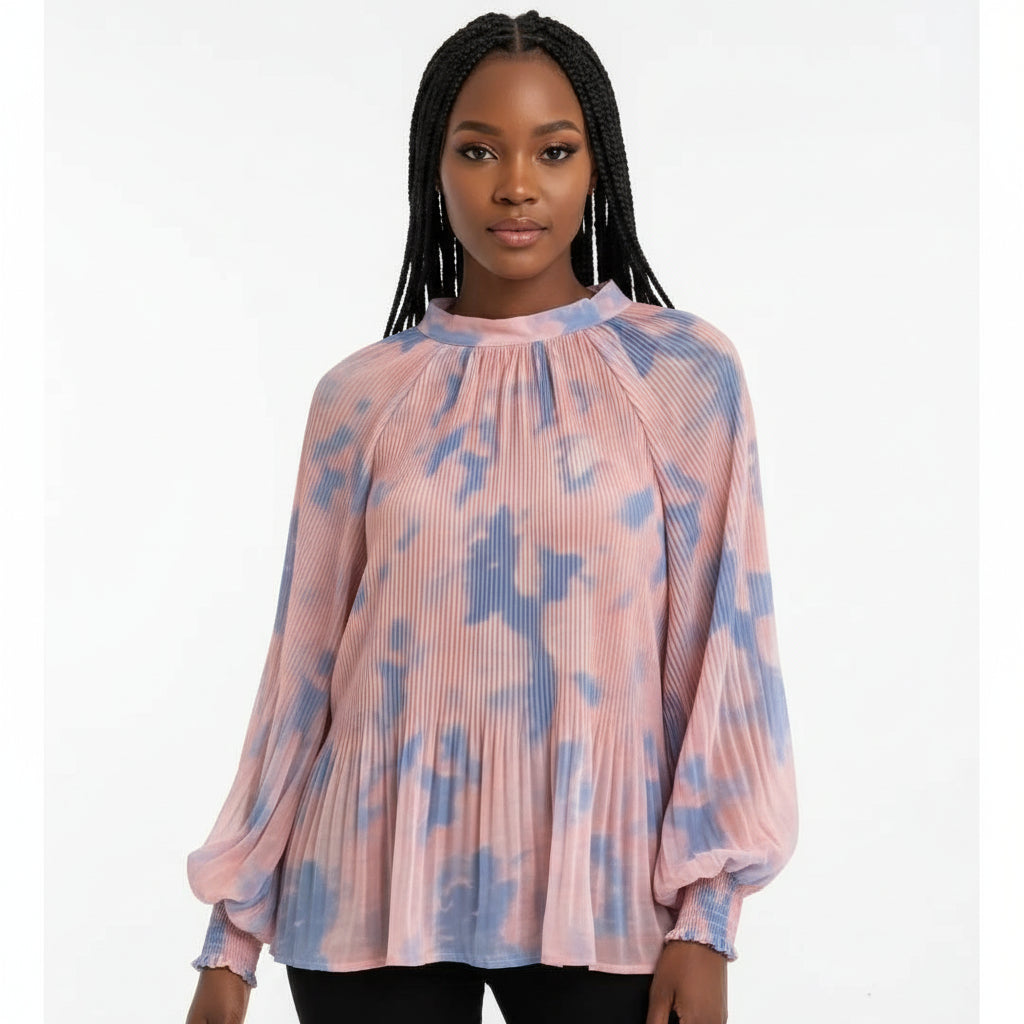 Pleated New Tie Dye Chiffon Asymmetrical Shoulder Flowing Long Sleeve Slim Fit Dress