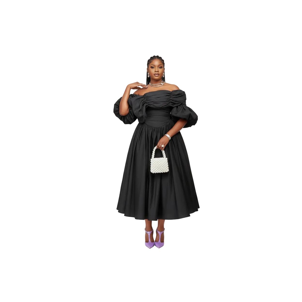 Plus Size Off-Shoulder Satin Ruffle Midi Dress