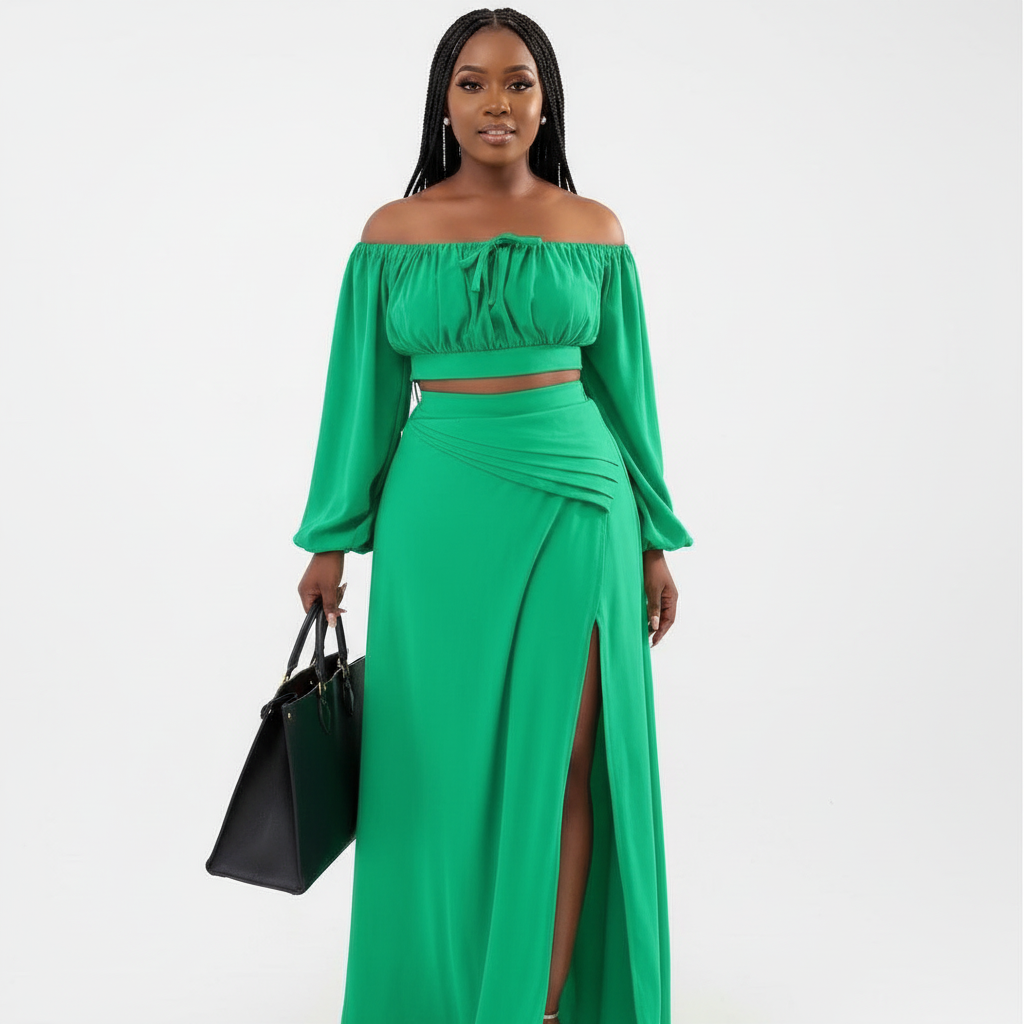 Off Tie Shoulder Crop Top and Skirt Set