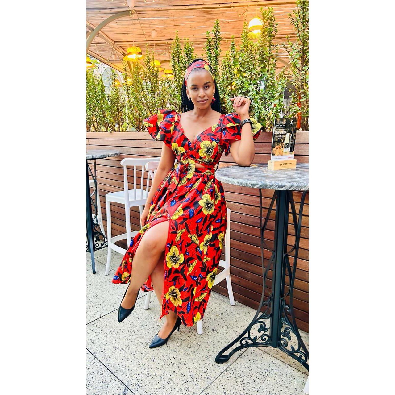 V Neck Waist Floral Print Slit Dress
