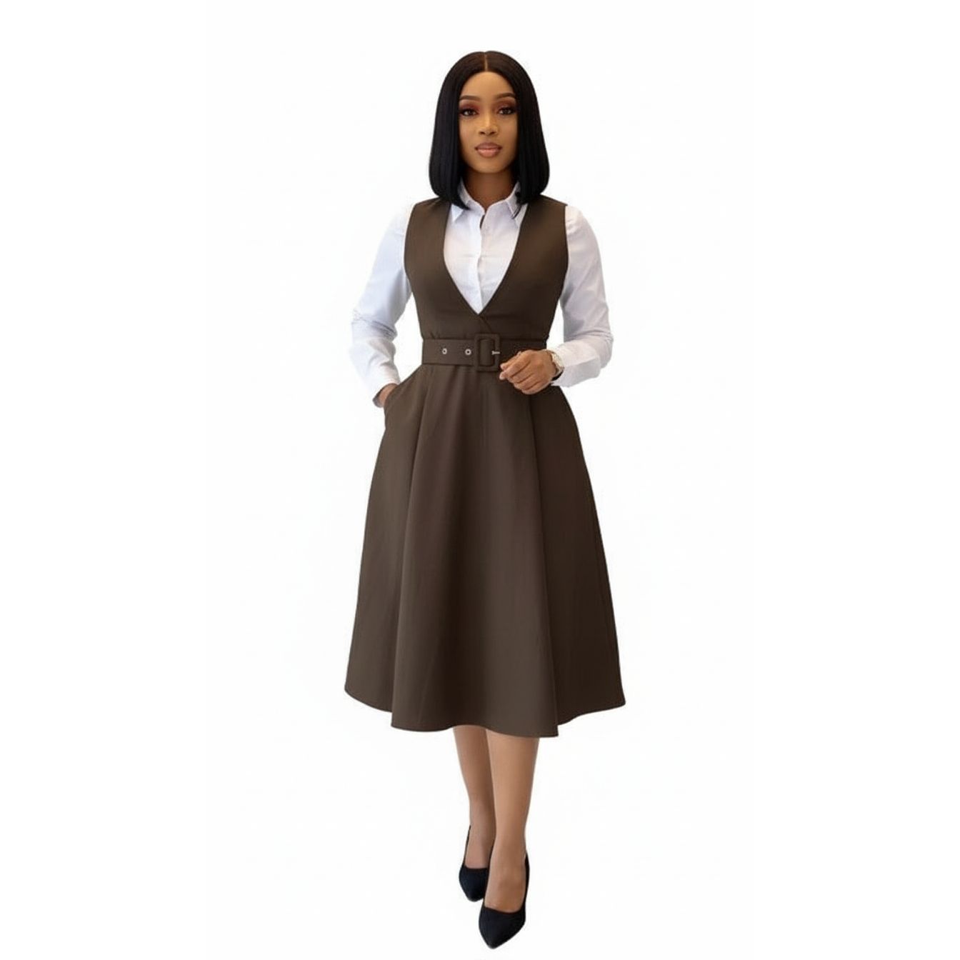 Women's Modest V-Neck Midi Dress