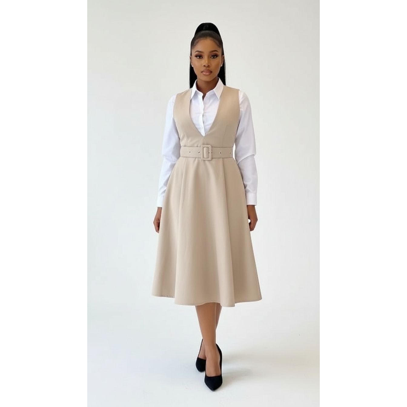 Women's Modest V-Neck Midi Dress