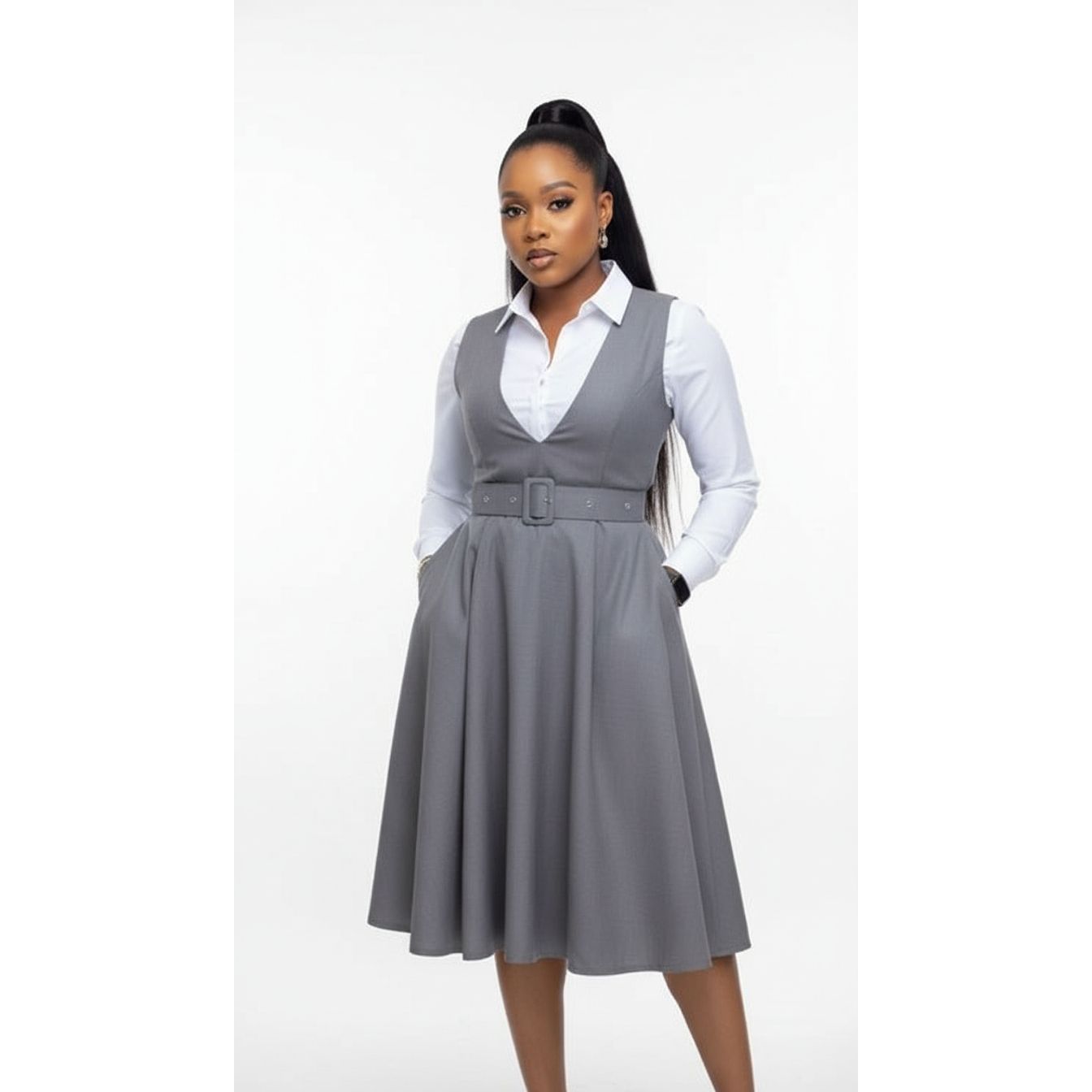 Women's Modest V-Neck Midi Dress