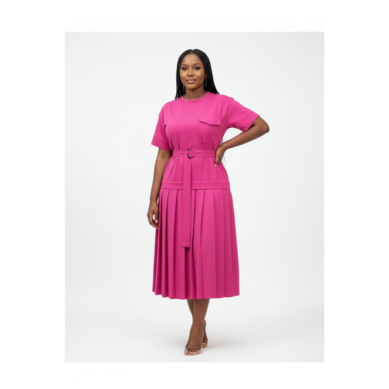 Pleated Short Sleeve Solid Color Dress