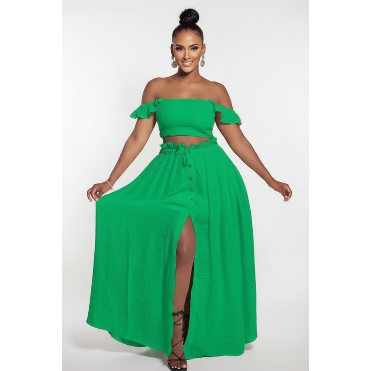 Classy Buttoned Skirt and Off Shoulder Top Set