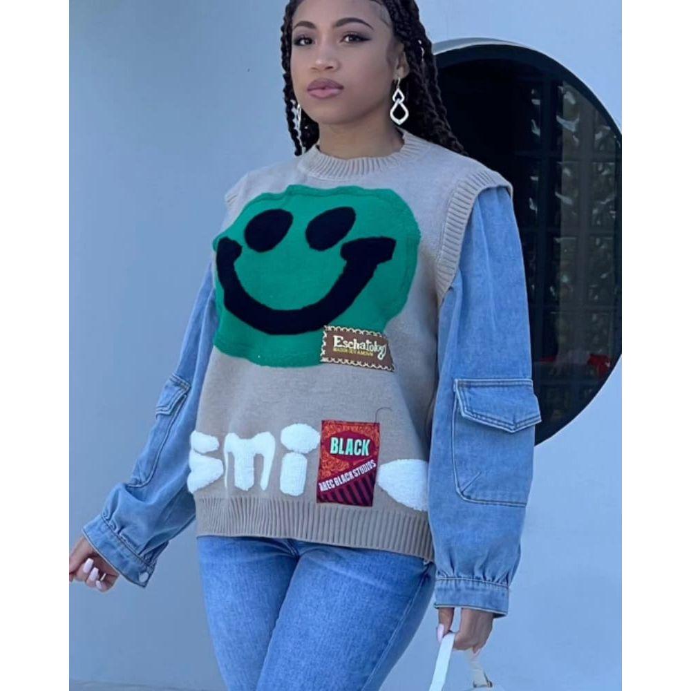 Smiling Face Denim Sleeve Jersey