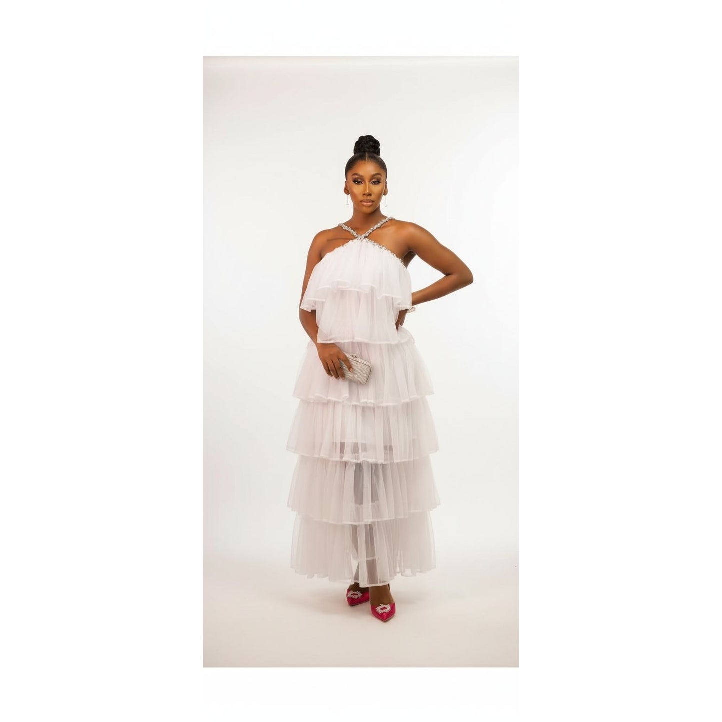 Halter Ruffles Tulle Maxi Dress