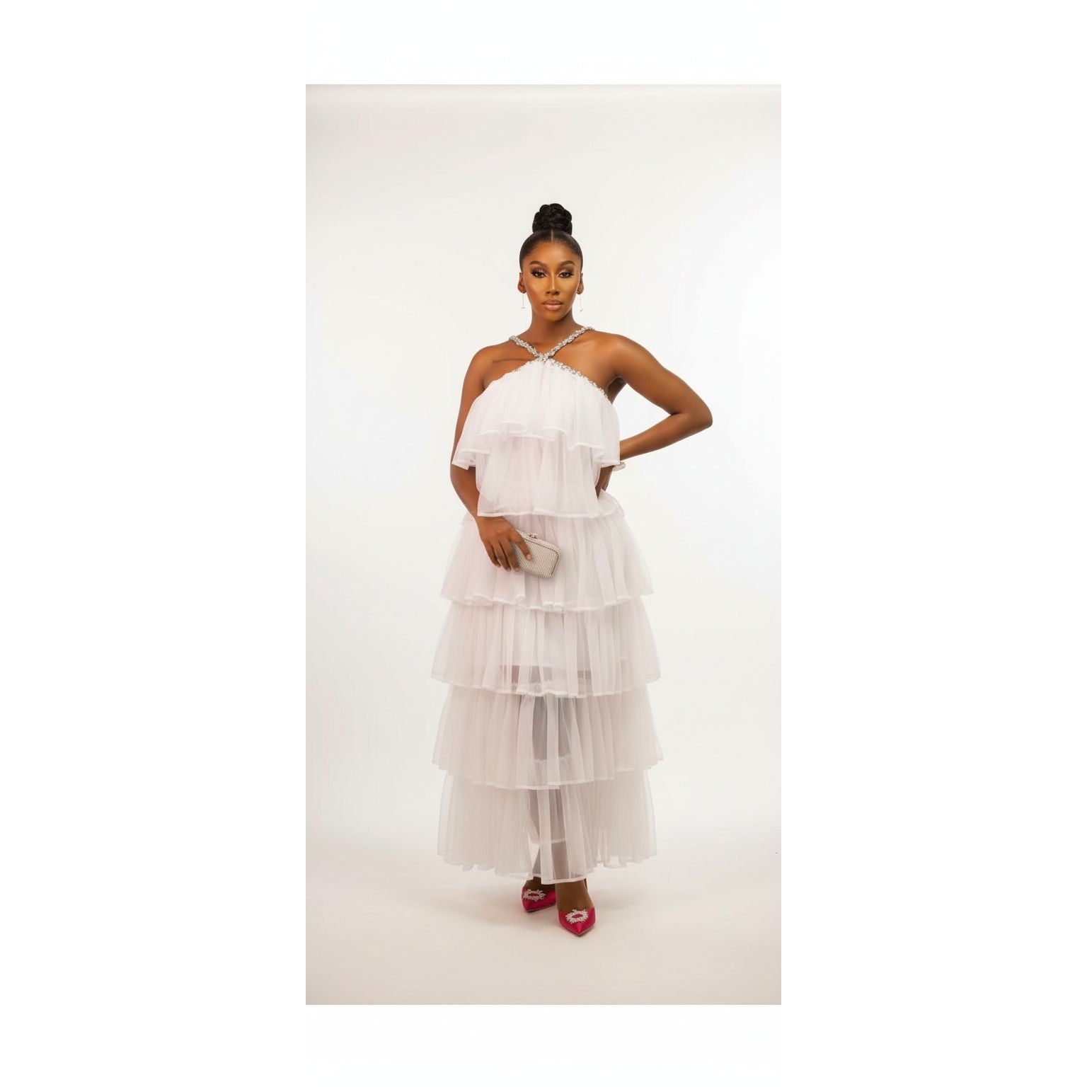 Halter Ruffles Tulle Maxi Dress