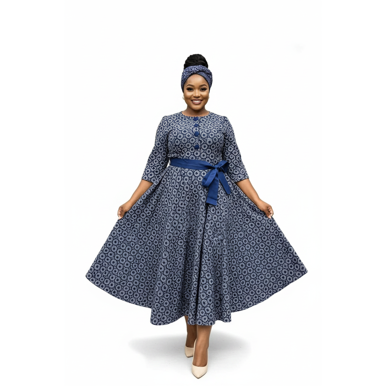 Belted Button Detailed Traditional Midi Dress
