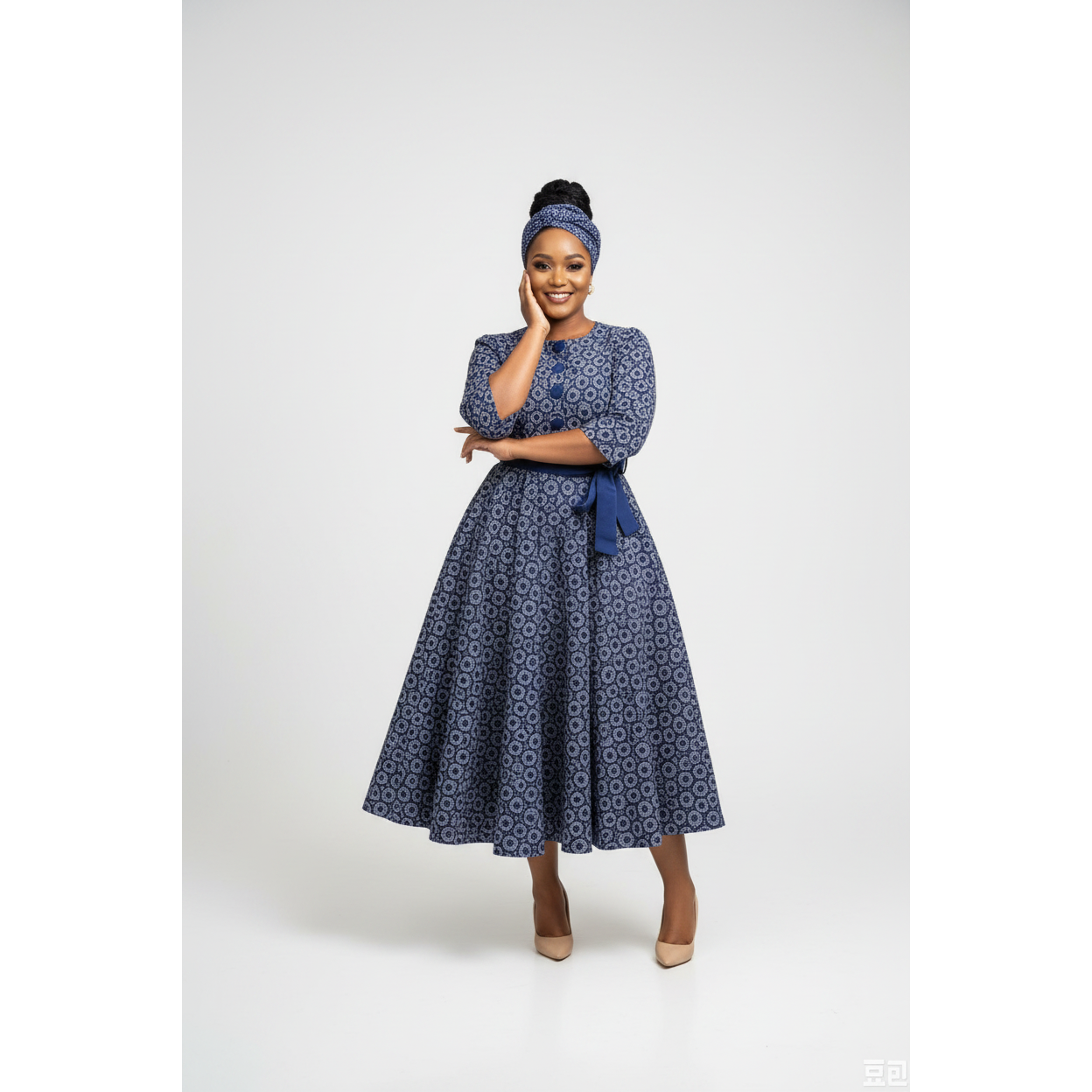 Belted Button Detailed Traditional Midi Dress