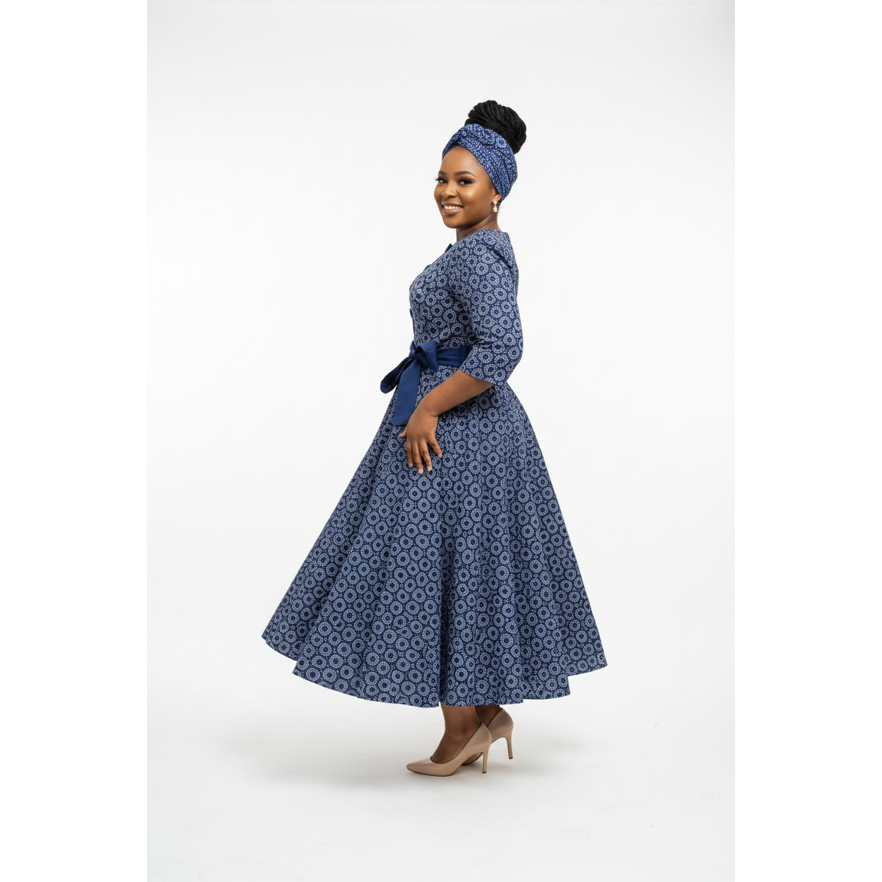 Belted Button Detailed Traditional Midi Dress