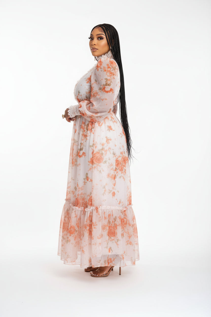 Women's Plus Size Long Sleeve Mock Neck Gown Floral Maxi Dress