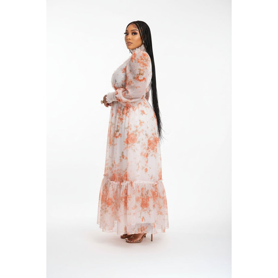 Women's Plus Size Long Sleeve Mock Neck Gown Floral Maxi Dress