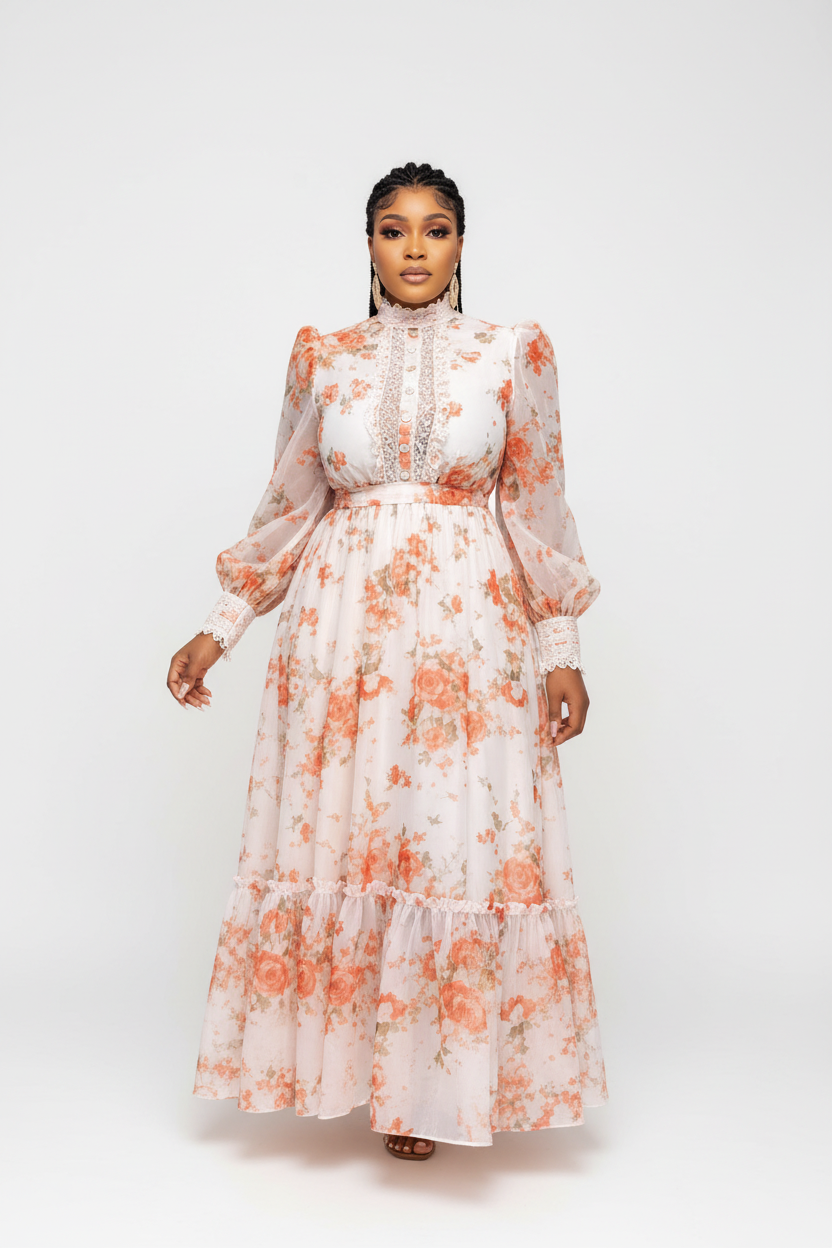 Women's Plus Size Long Sleeve Mock Neck Gown Floral Maxi Dress