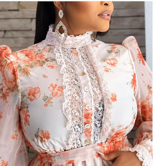 Women's Plus Size Long Sleeve Mock Neck Gown Floral Maxi Dress