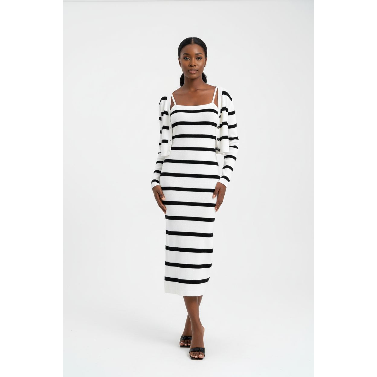 GETADME Chic France Vintage Women Knitted 2 Piece Set Fall Winter Solid Diamonds Button Cardigan Sweater + High Waist Bodycon Midi Skirt