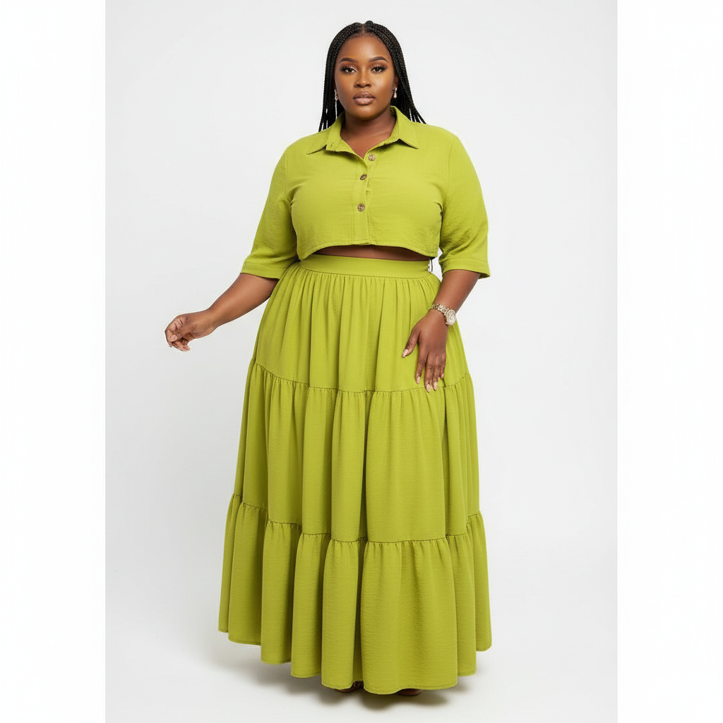 High Waisted Flowing Skirt And Button Detailed Top Set