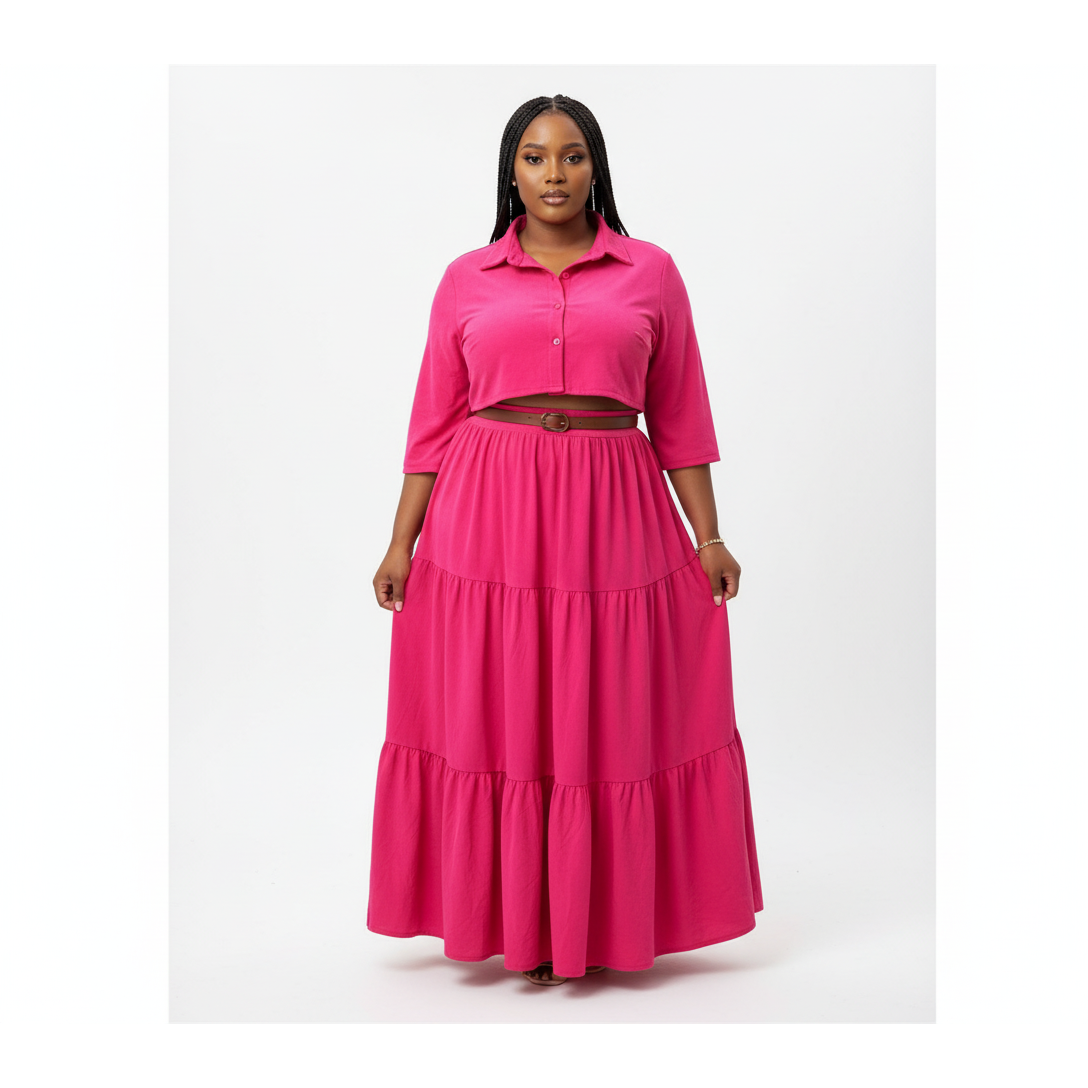 High Waisted Flowing Skirt And Button Detailed Top Set