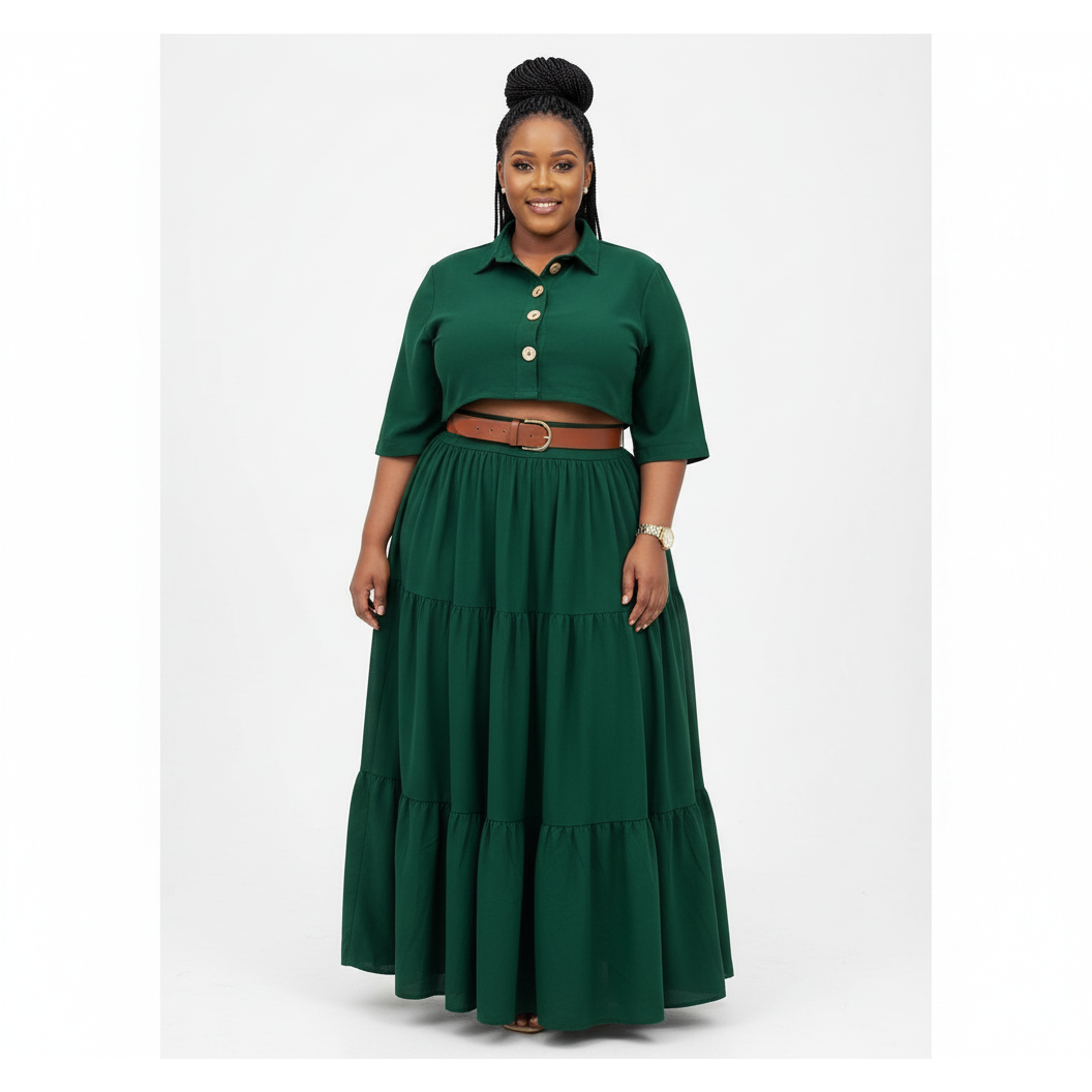High Waisted Flowing Skirt And Button Detailed Top Set