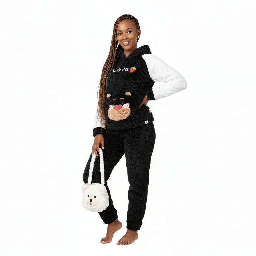 Fluffy Hooded Two Toned Sleepwear Set