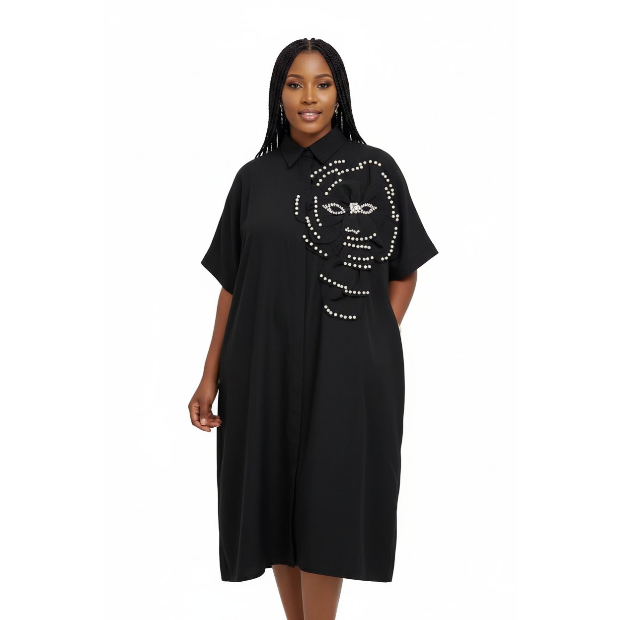 Floral Embroided Pearl Design  Decor Midi Dress