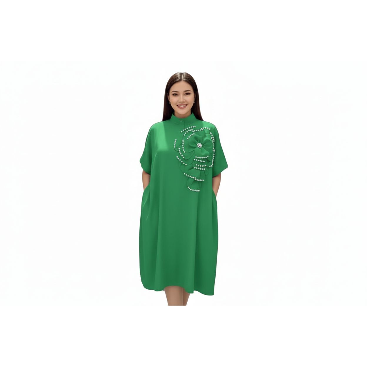 Floral Embroided Pearl Design  Decor Midi Dress