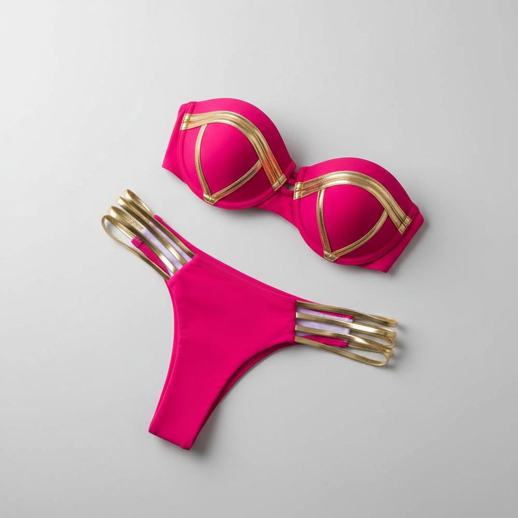 Gold Stamping Bikini Padded Swimsuit Sexy Set.