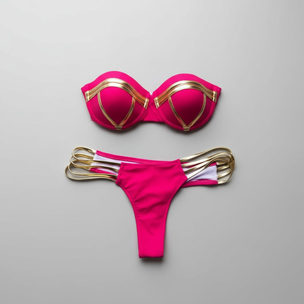 Gold Stamping Bikini Padded Swimsuit Sexy Set.