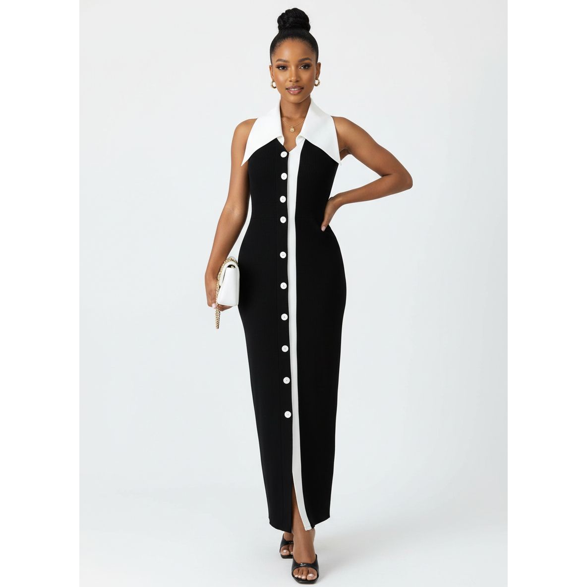 Women's Hanging Collar Neck Shirt Style Maxi Dress