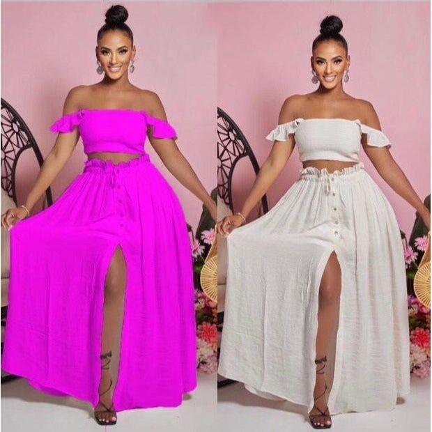 Classy Buttoned Skirt and Off Shoulder Top Set