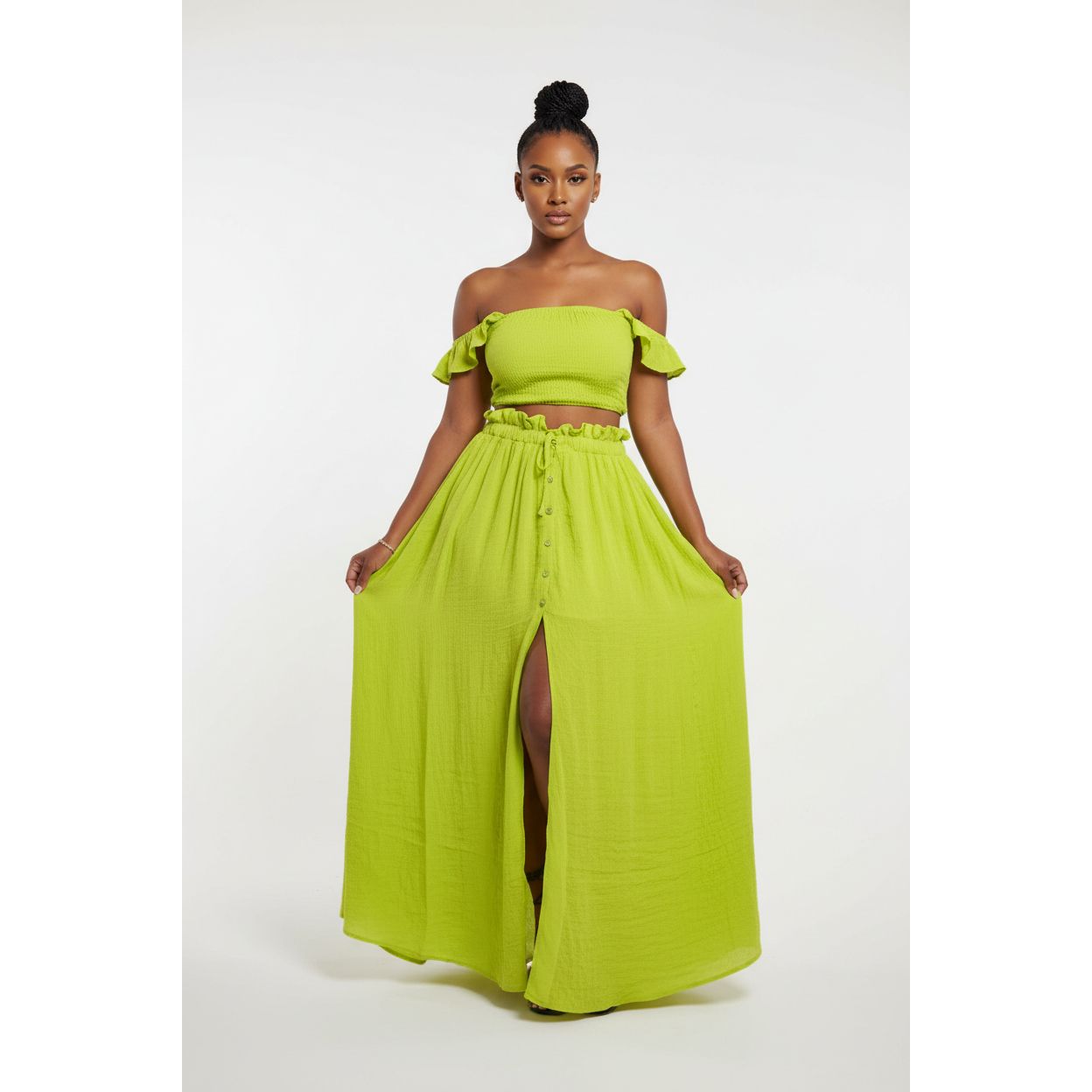 Classy Buttoned Skirt and Off Shoulder Top Set
