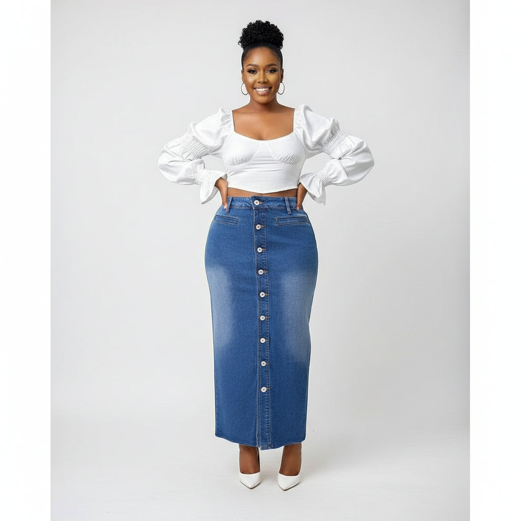 Button Detailed Denim Skirt