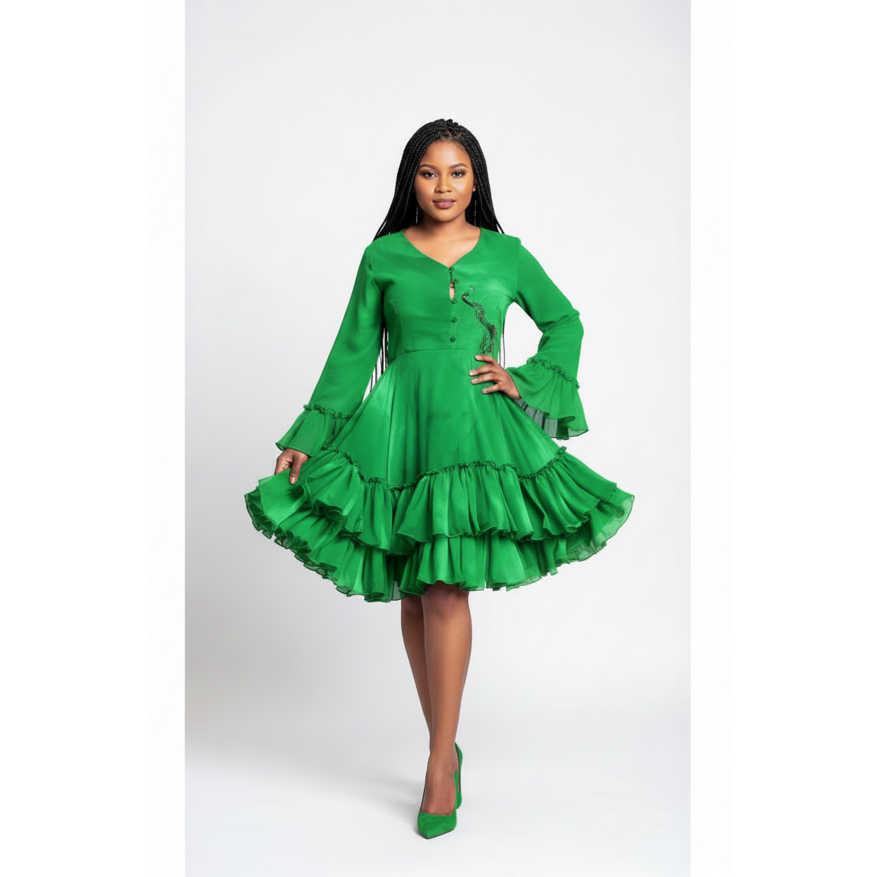 Buttoned V-Neck Dress