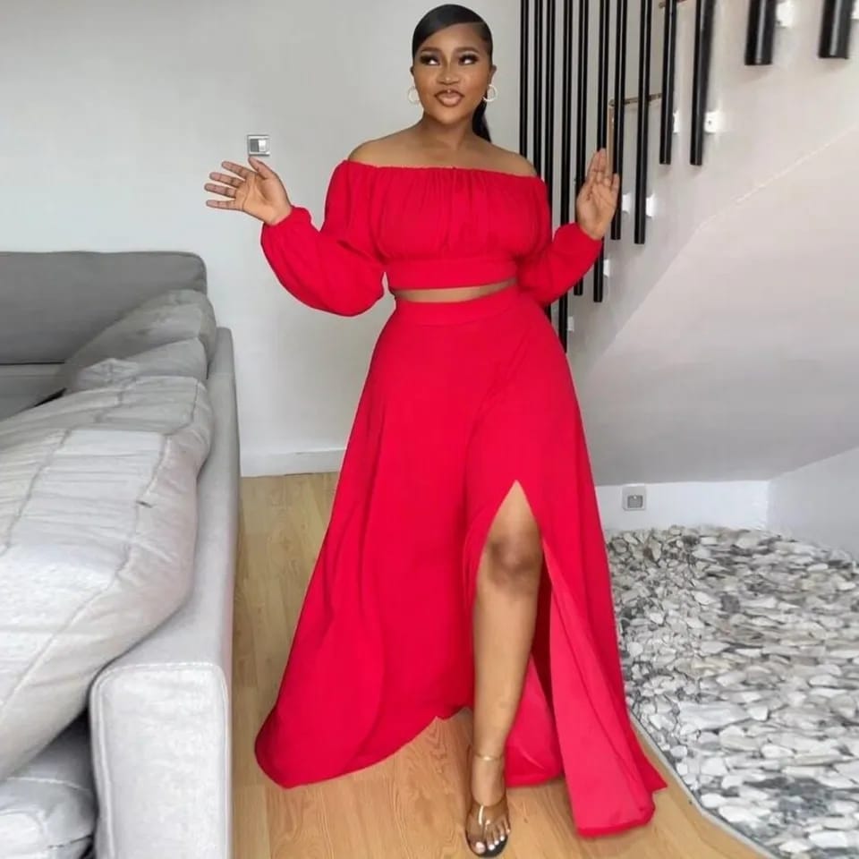 Long Sleeve Crop Top High Slit Skirt Matching Set - White main image 0