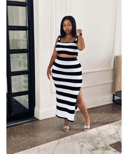 Knitted Striped Crop Top And Skirt Set
