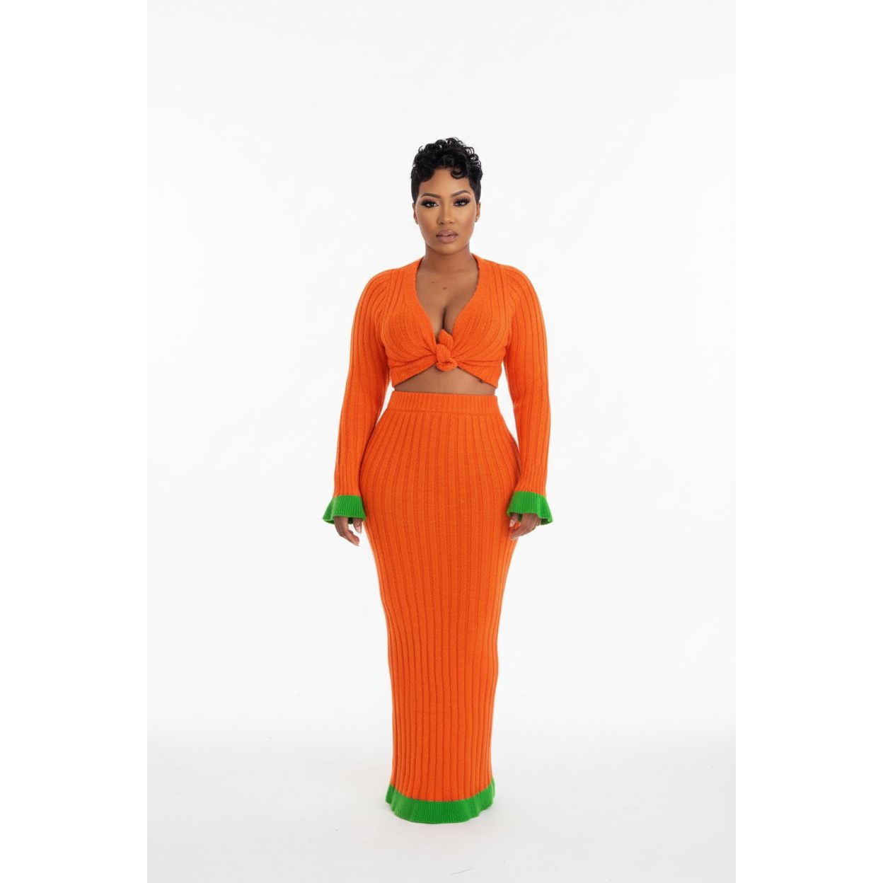 Sexy Knitted Buttoned Top and Skirt Set