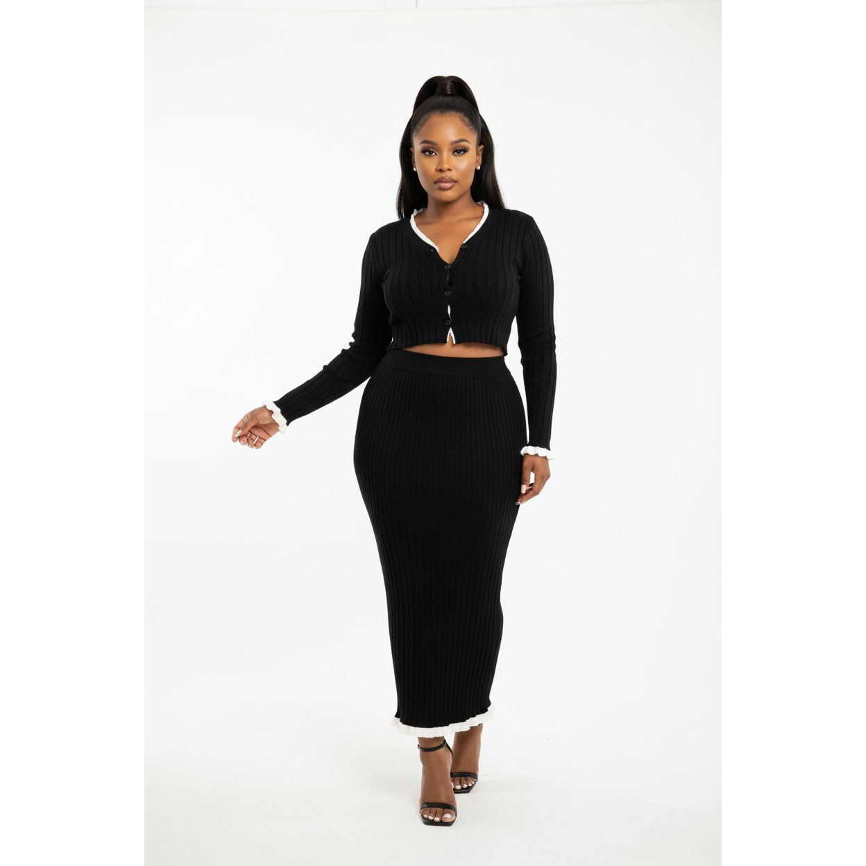 Sexy Knitted Buttoned Top and Skirt Set