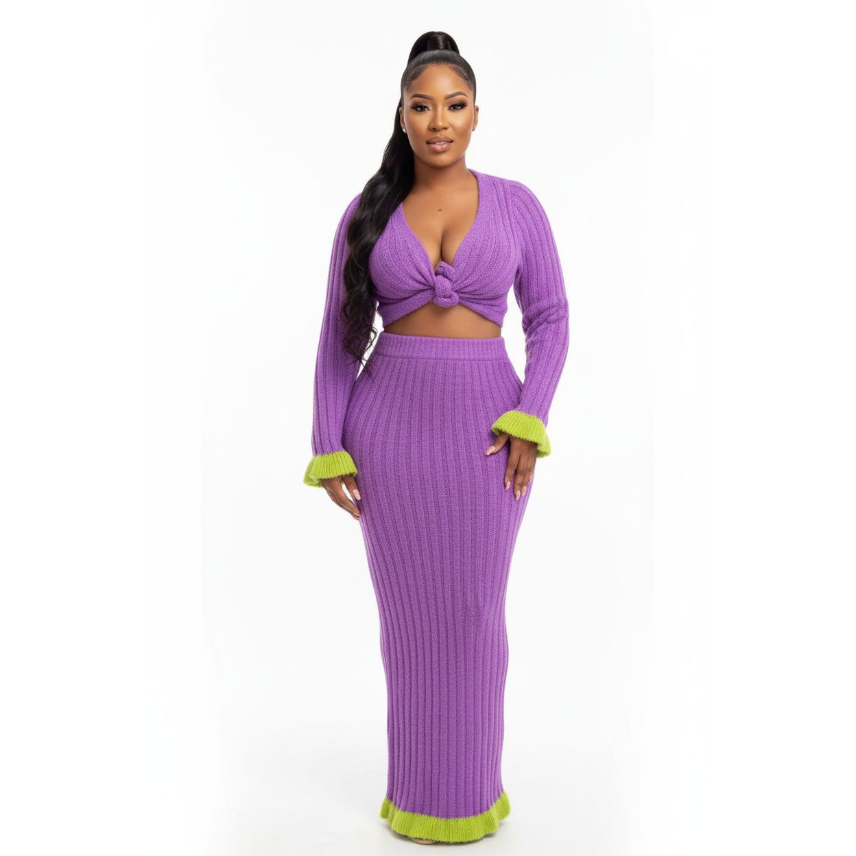 Sexy Knitted Buttoned Top and Skirt Set