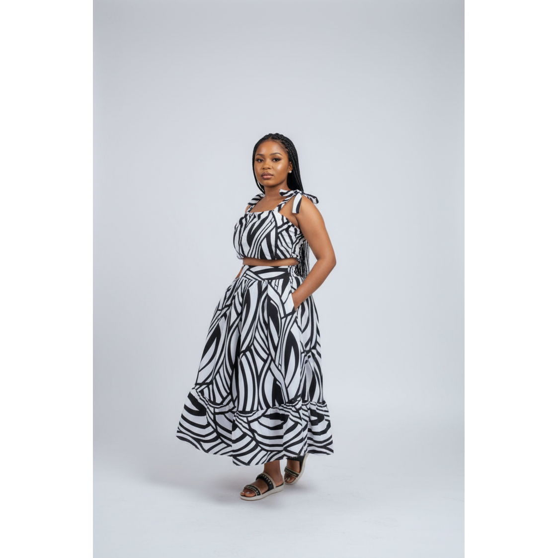 Tie Shoulder Crop Top and Butterfly Skirt Set