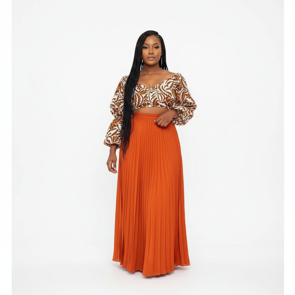 High Waisted Pleated Skirt & Long Sleeve Top Set