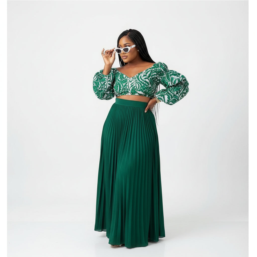 High Waisted Pleated Skirt & Long Sleeve Top Set