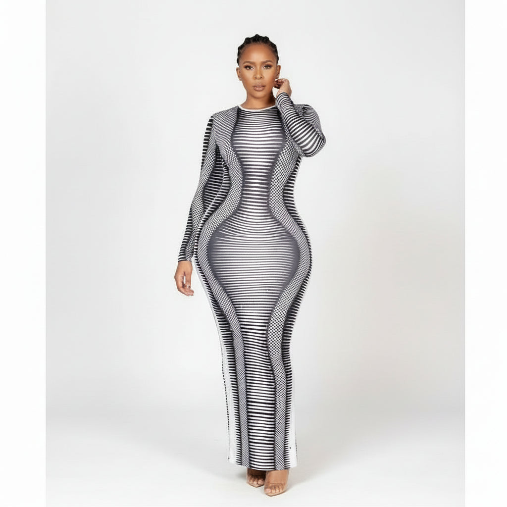 Long Sleeve Printed Bodycon Dress