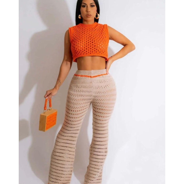 Sexy Knitted Crop Top and Pant Set