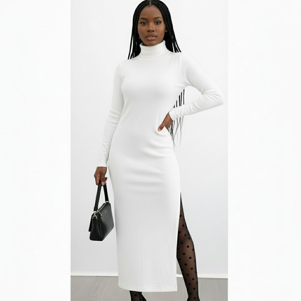 Side Slit Turtleneck Dress