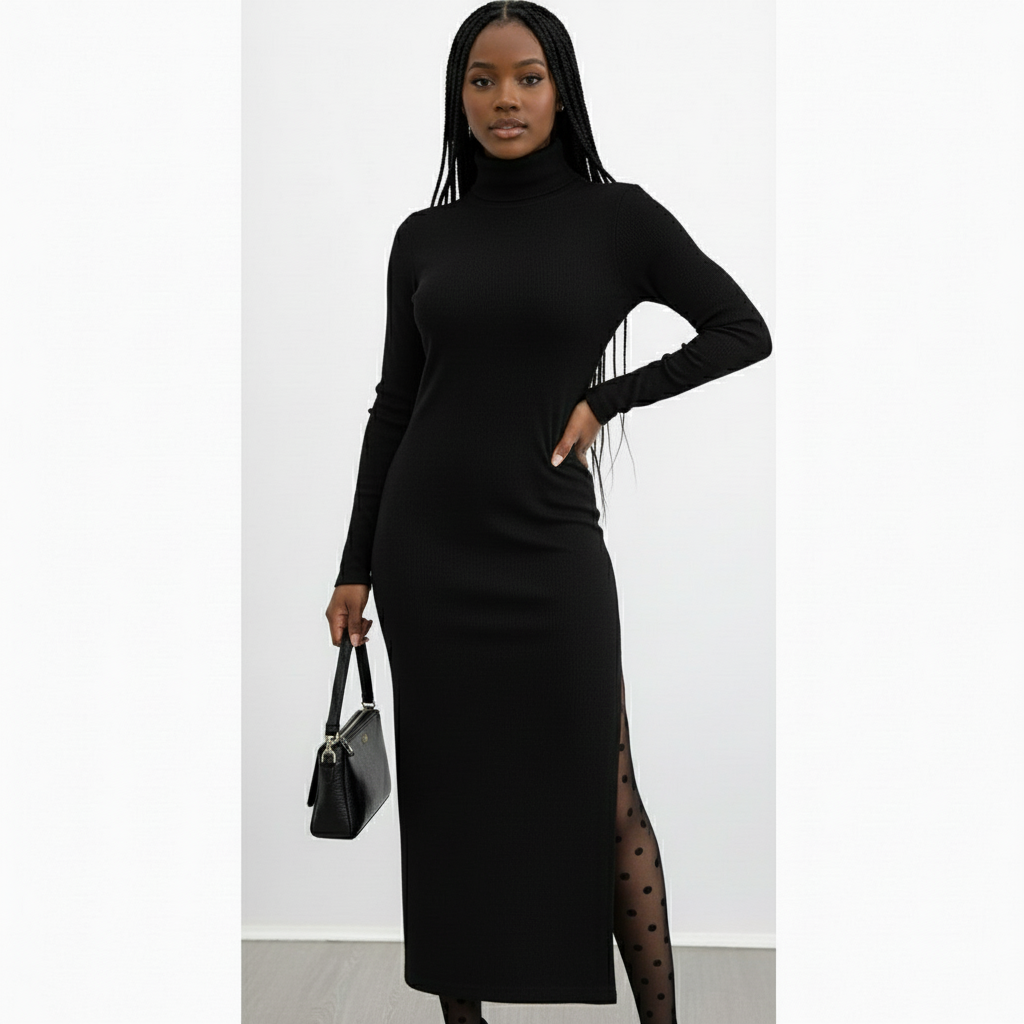 Side Slit Turtleneck Dress