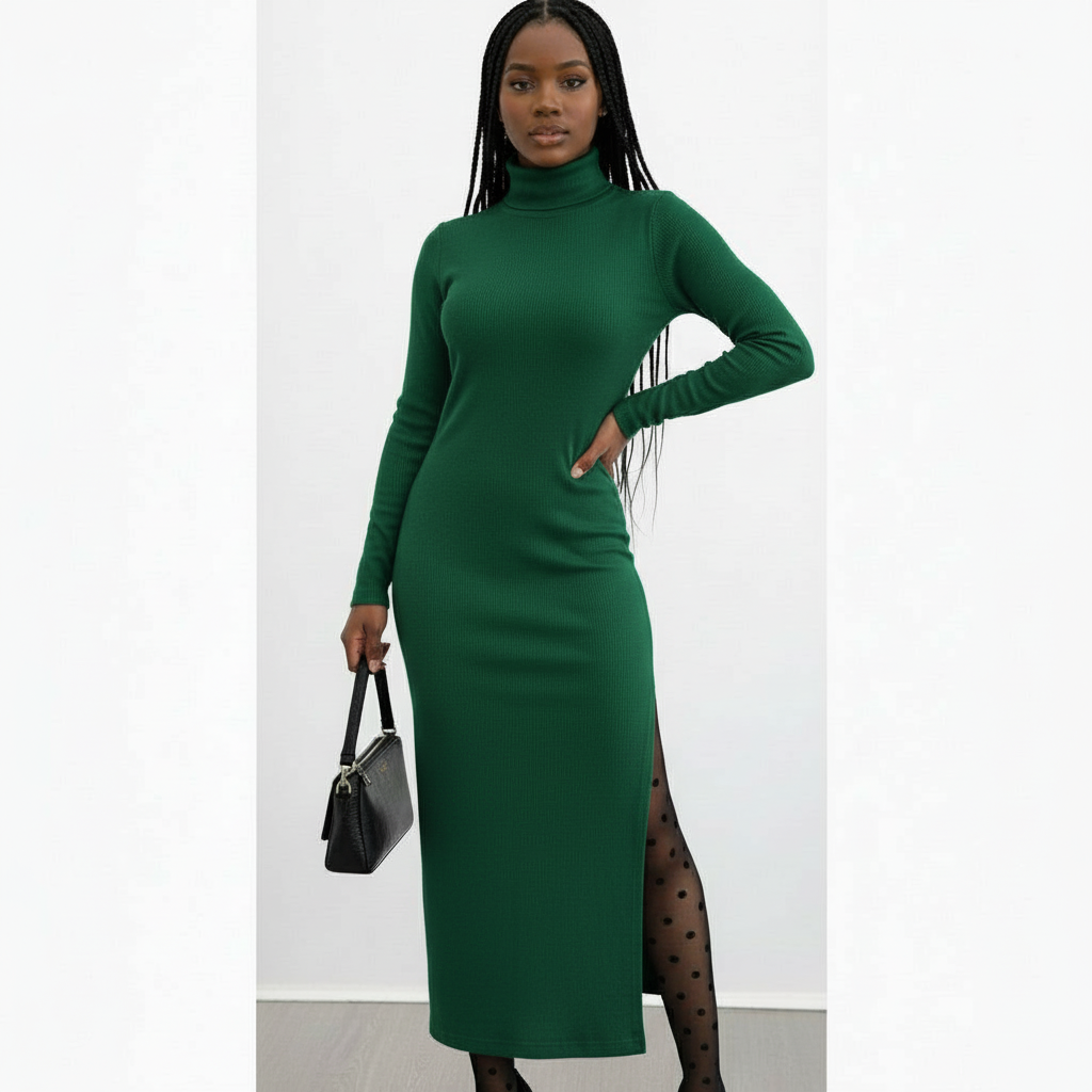 Side Slit Turtleneck Dress
