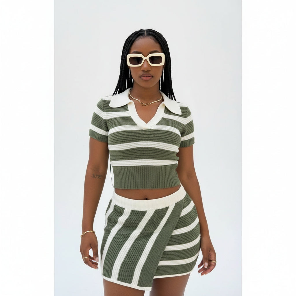 Striped Knitted Crop Top & Skirt Set