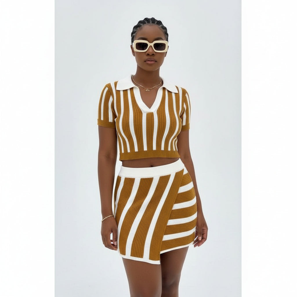 Striped Knitted Crop Top & Skirt Set