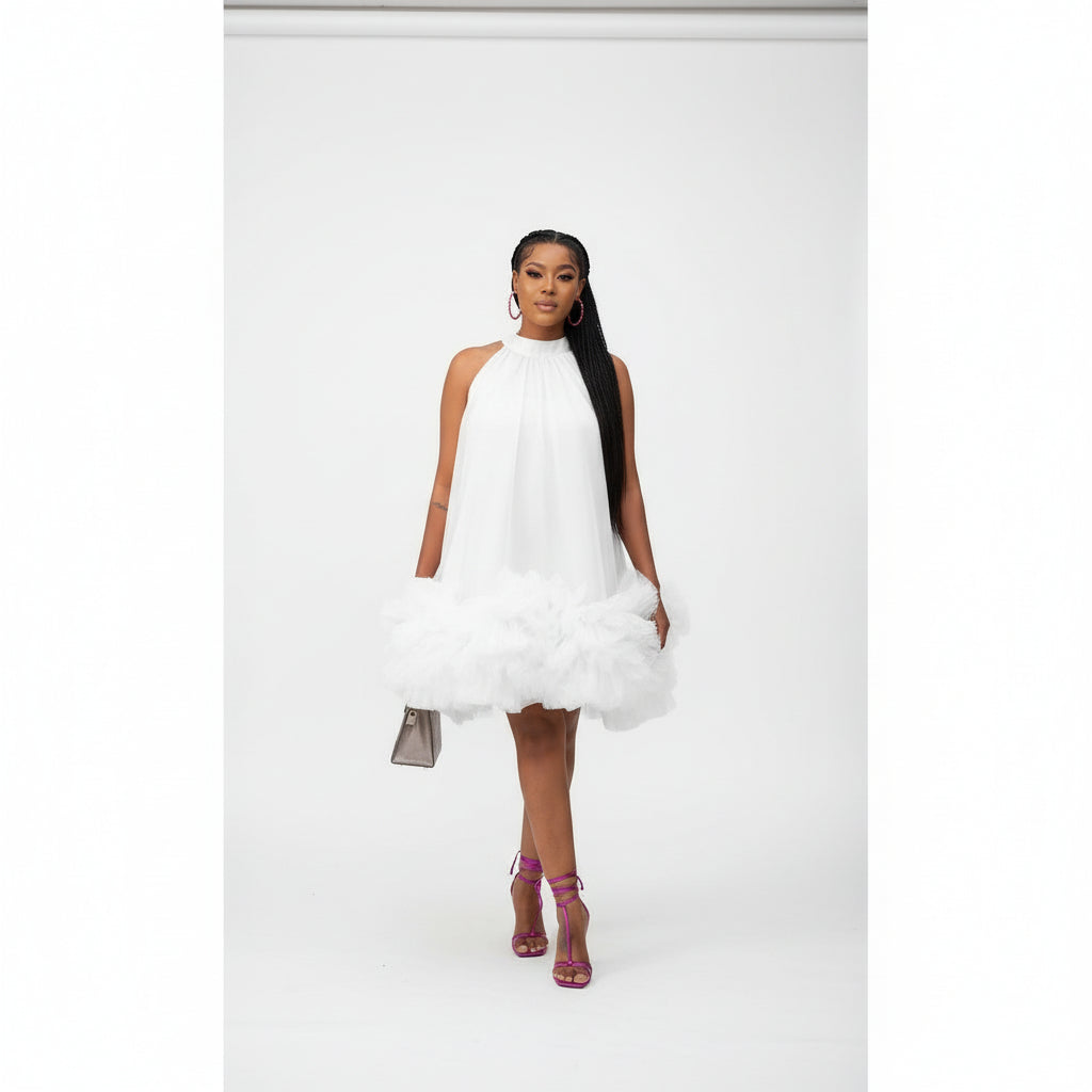 Multi-Layer Mesh Ruffle Halter Neck Dress